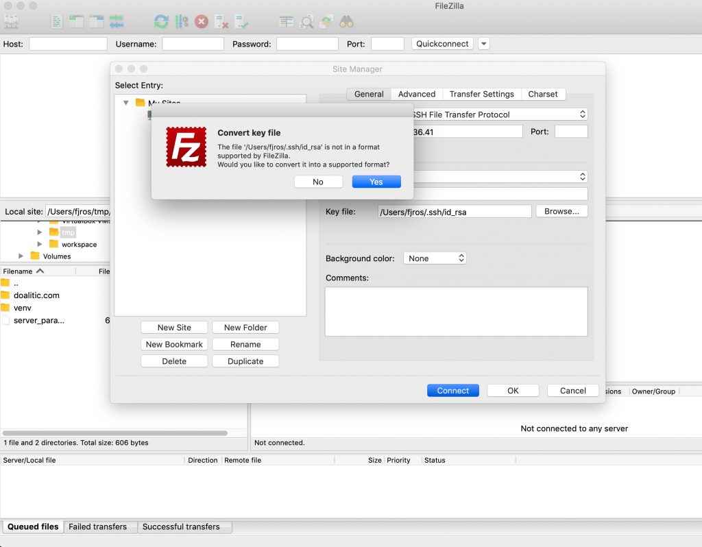 filezilla connect with private key